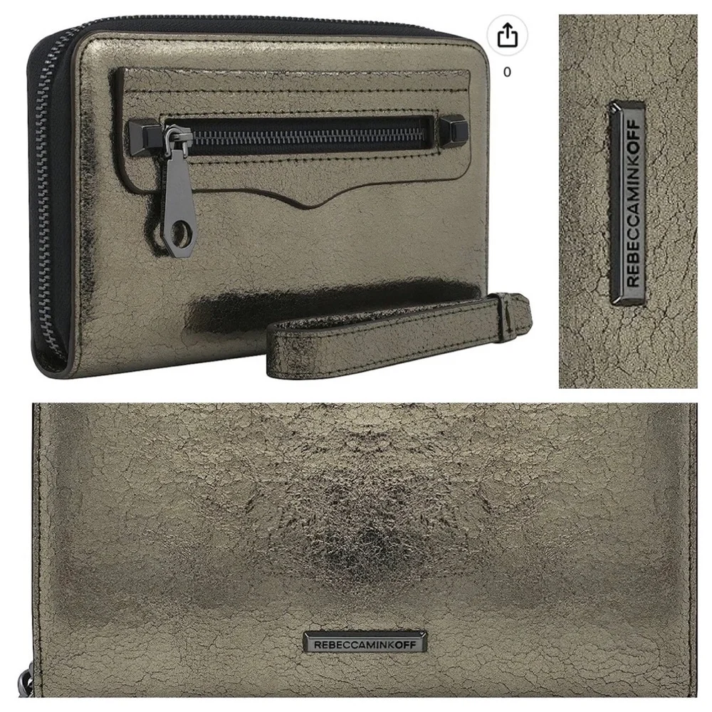Rebecca Minkoff Regan Universal Wristlet Gold Crackle W/phone holder Metallic